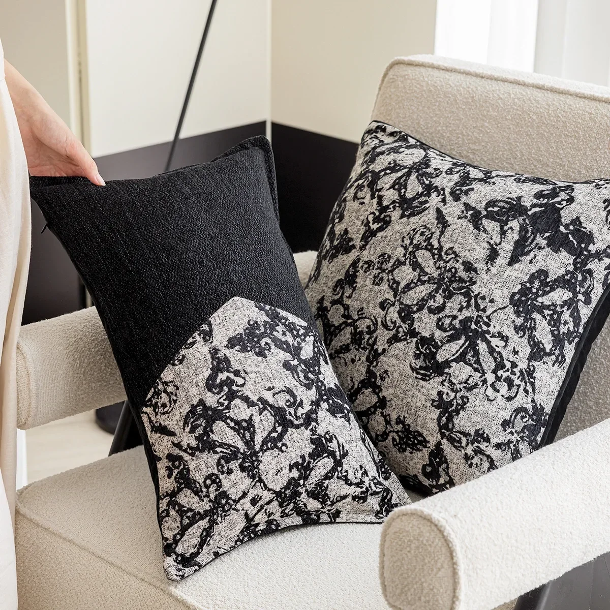 French Retro Jacquard Cushion Cover Geometric Texture Cotton Linen Pillow Cover Home Decor Black Light Luxury Pillowcase