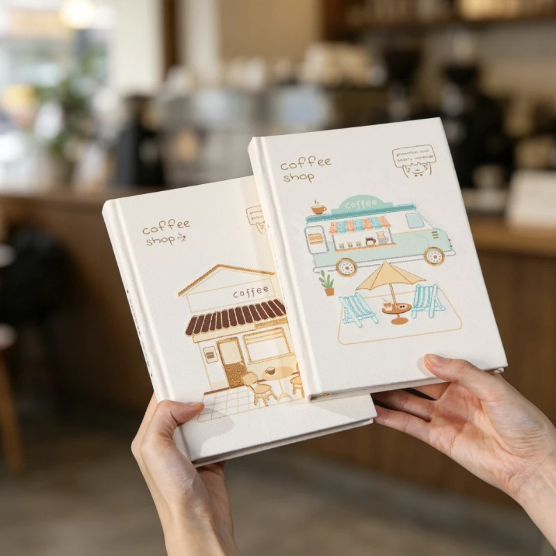 Coffee Shop Embroidery Hardcover Fabric Notebook Literary and Fresh Notebook Student Record Book Notebook Journal