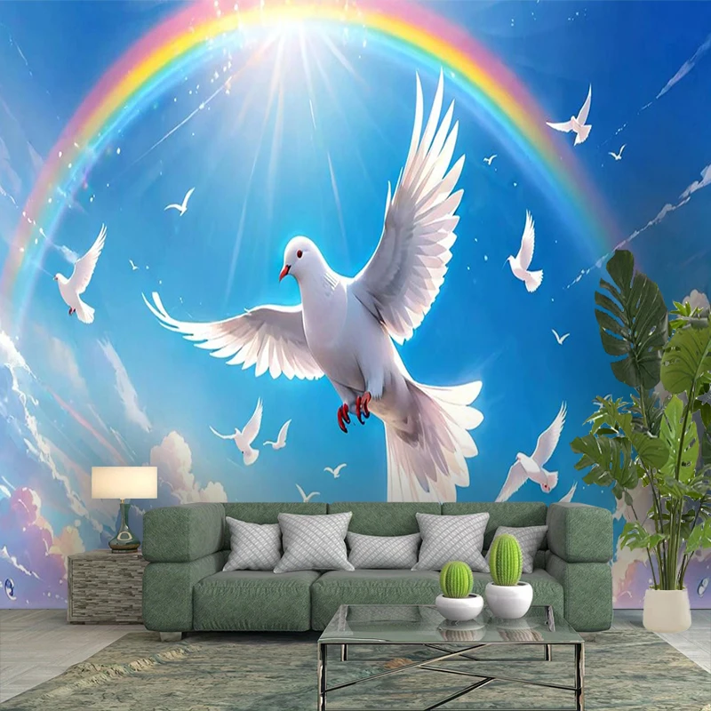 1PC White Dove Rainbow Sunlight Art Print Backdrop Banner, Bedroom Living Room Photo Background, Polyester, Home Decor, Wall Art