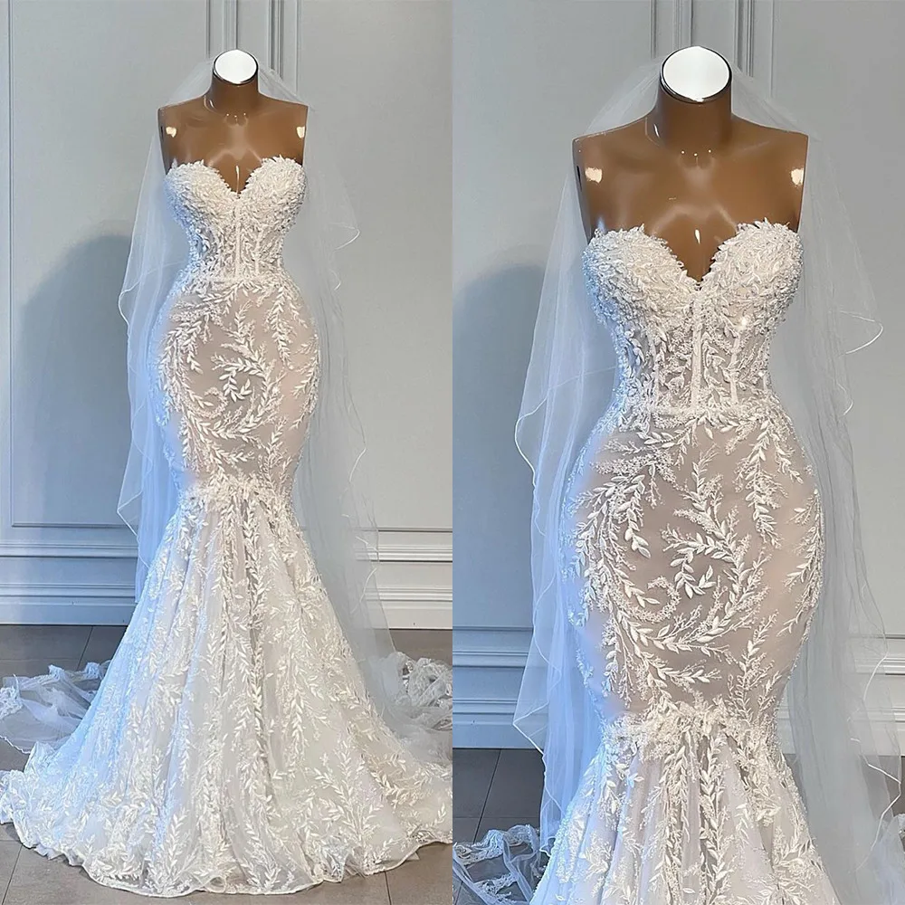 Glamorous Meerjungfrau Hochzeit Kleid Liebsten Spitze Appliques Brautkleider Nach Maß Ärmellose Sweep Zug Vestido de novia