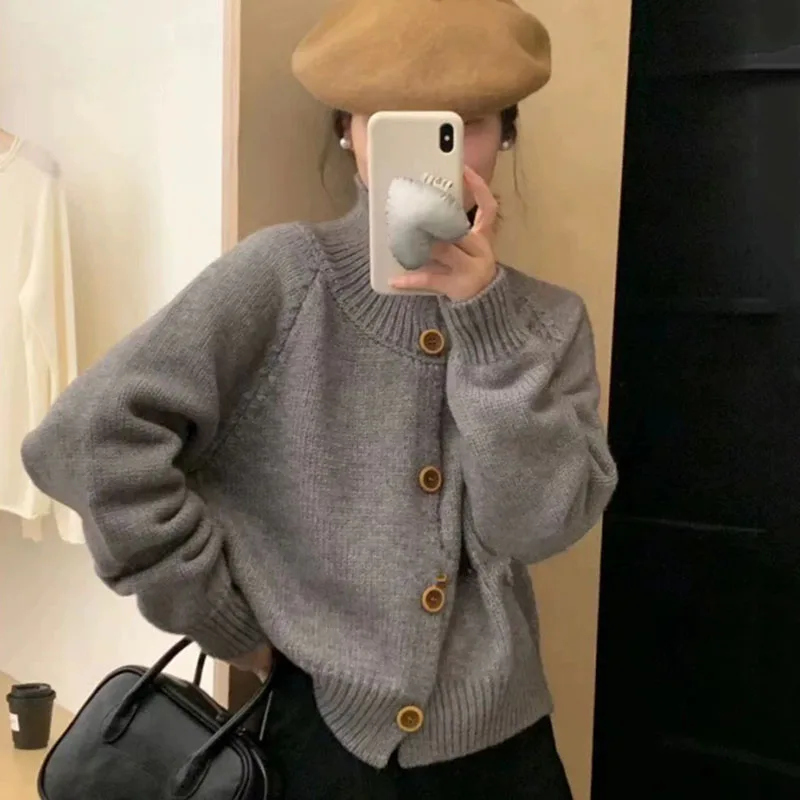 

Autumn Winter Thick Warm Turtleneck Sweaters Women Solid Lazy Style Loose Knitted Cardigan Woman Korean Casual Short Sweater