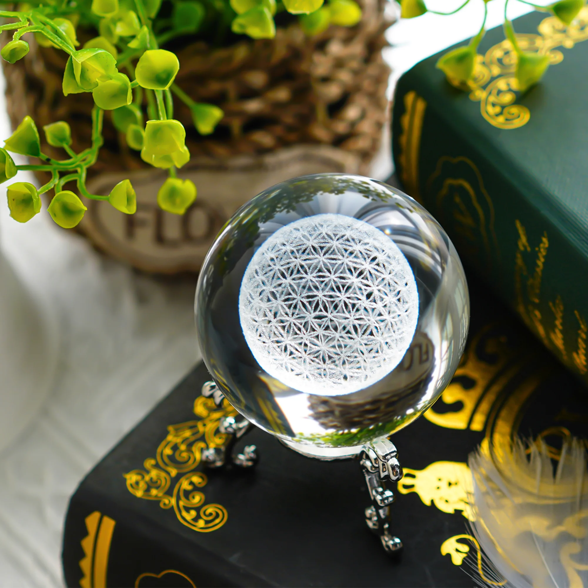 H&D 3D Laser Engraved Flower of Life Crystal Ball Paperweight with Stand,Chakra Healing Grid Flower Globe for Home Decor Gift