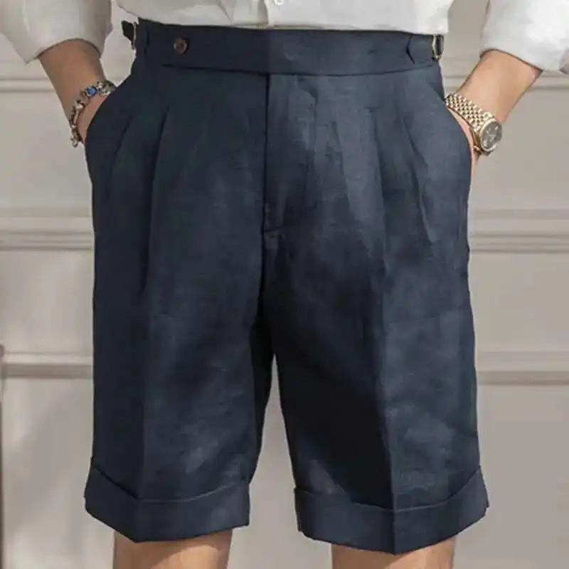 100% Linen Summer Straight Naples Shorts Men Solid Color Business Dress Pants Office Social Casual Slim Fit Shorts
