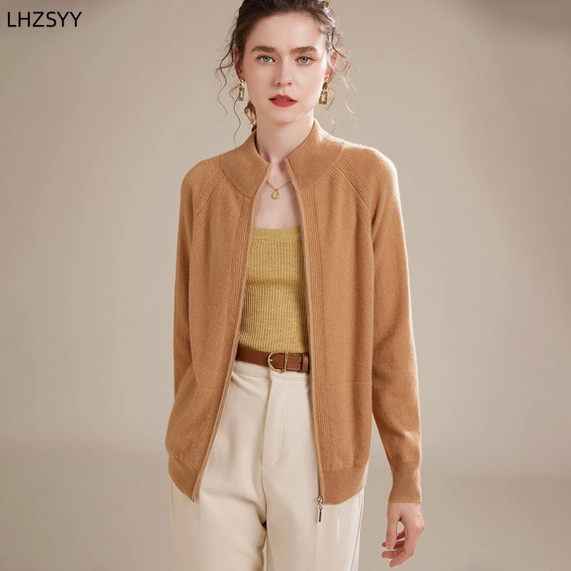 LHZSYY Ladies 100%Pure Goat Cashmere Zipper Cardigan Autumn Winter New High-End Jacket Sweater Casual Joker Thick Cashmere Coats