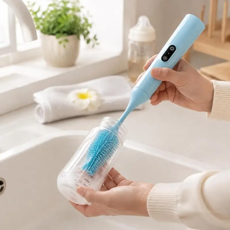Electric Baby Bottle Brush Set with 3 Interchangeable Attachments, Motorized Rotating Action for Cleaning Bottles, Nipples, A2UB