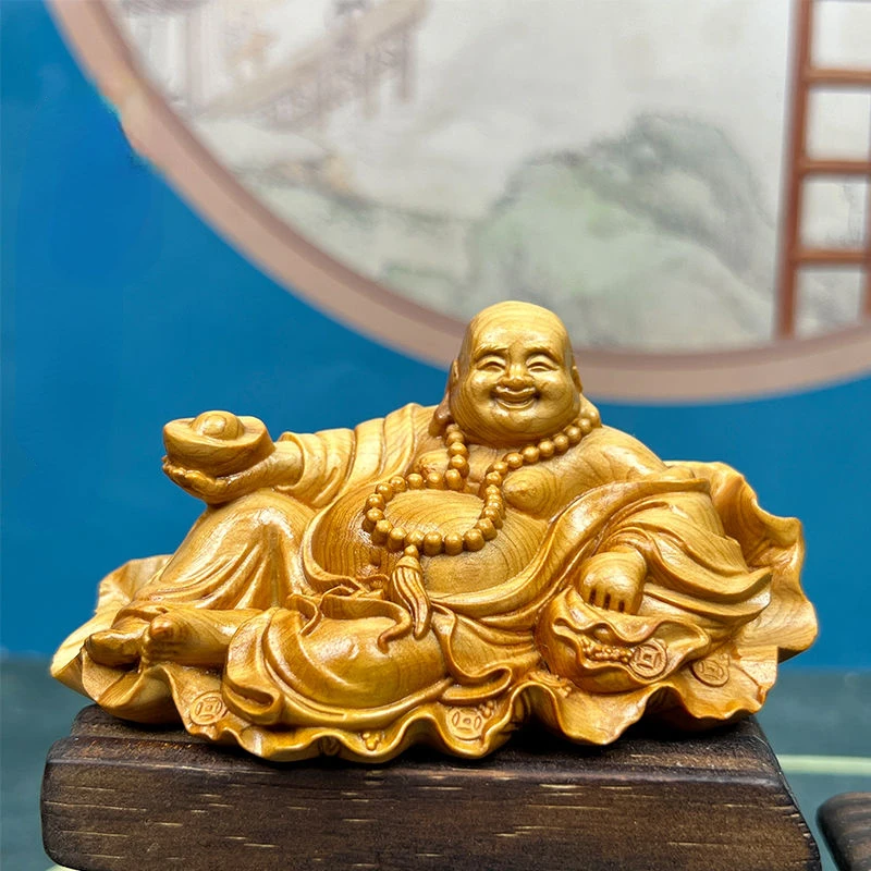 Maitreya Buddha Cliff Cypress Wood Carving Yuanbao Smiling Car Ornament Crafts