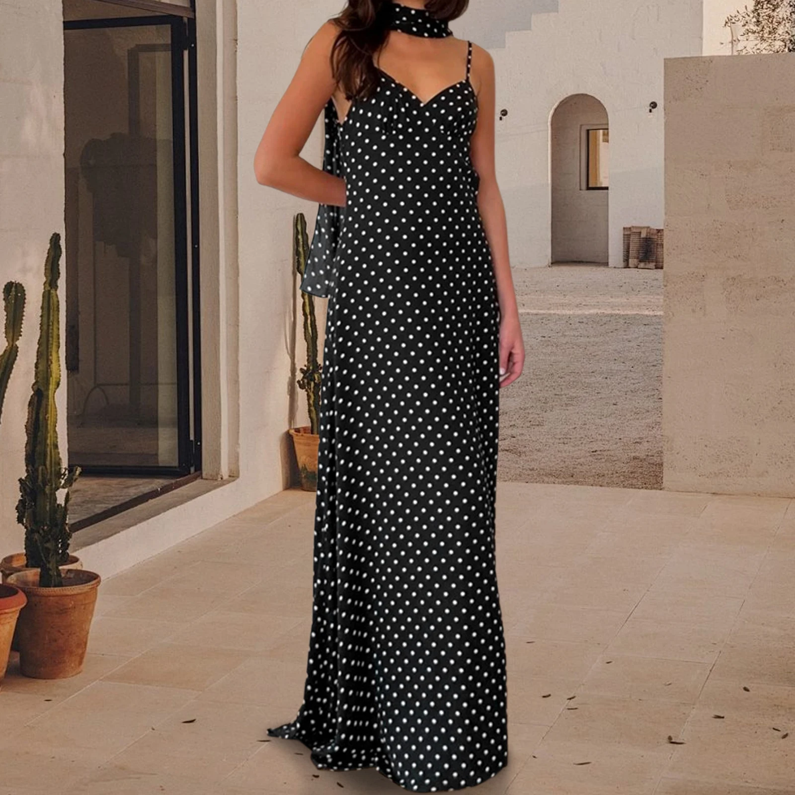 Abito slim fit da donna di nuova moda con scollo a V profondo, cinturino per spaghetti regolabile, senza schienale, pois estivi, abiti lunghi con sciarpa SML