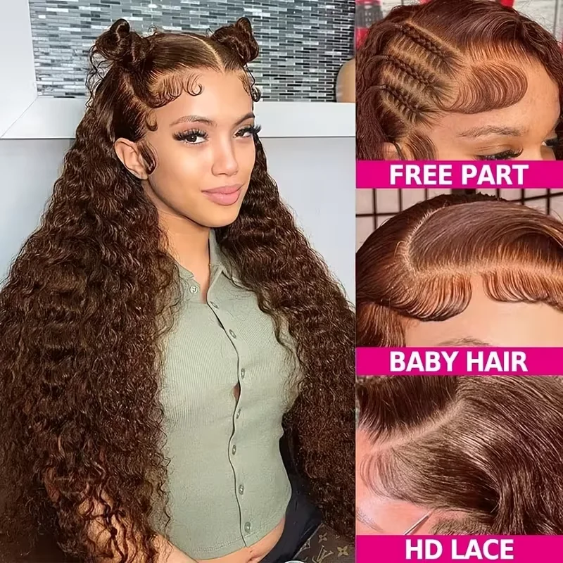Chocolate Brown Deep Wave Lace Front Wigs Human Hair 13x6 Hd Deep Wave Lace Front Wig 200% Density Curly Wig Pre Plucked Baby Hair & Tangle Free, Natural Look for Daily Use view 7