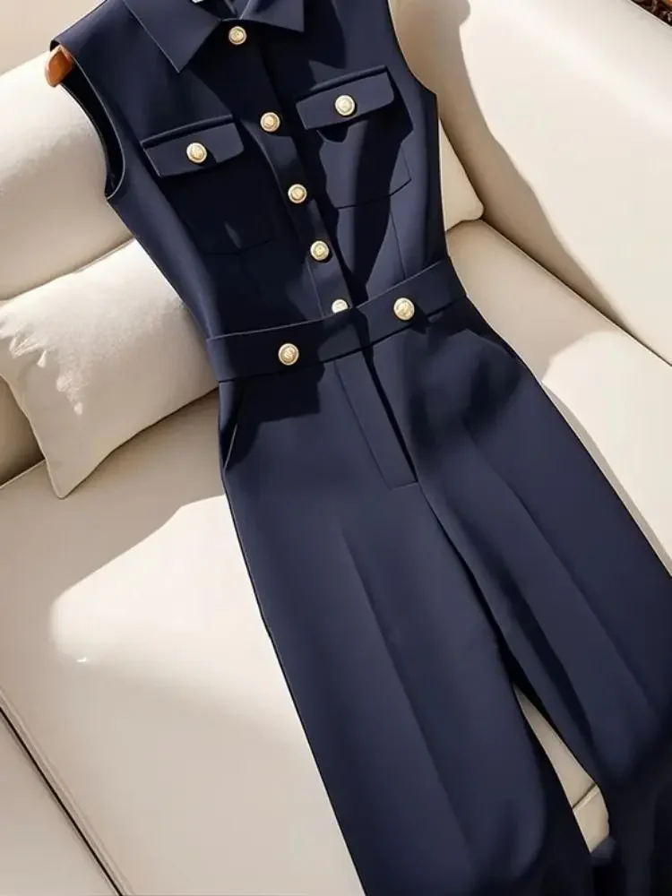 الكورية الرجعية بولو طوق جيوب واحدة الصدر الأزرق الداكن حللا الفرنسية أزياء مكتب سيدة كل مباراة الصيف بذلة طويلة