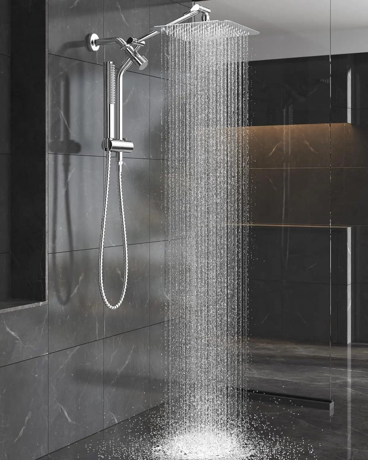 10All Metal Shower Head with Handheld Spray Combo, High Pressure Square Shower Heads with Wand & Extension Arm,