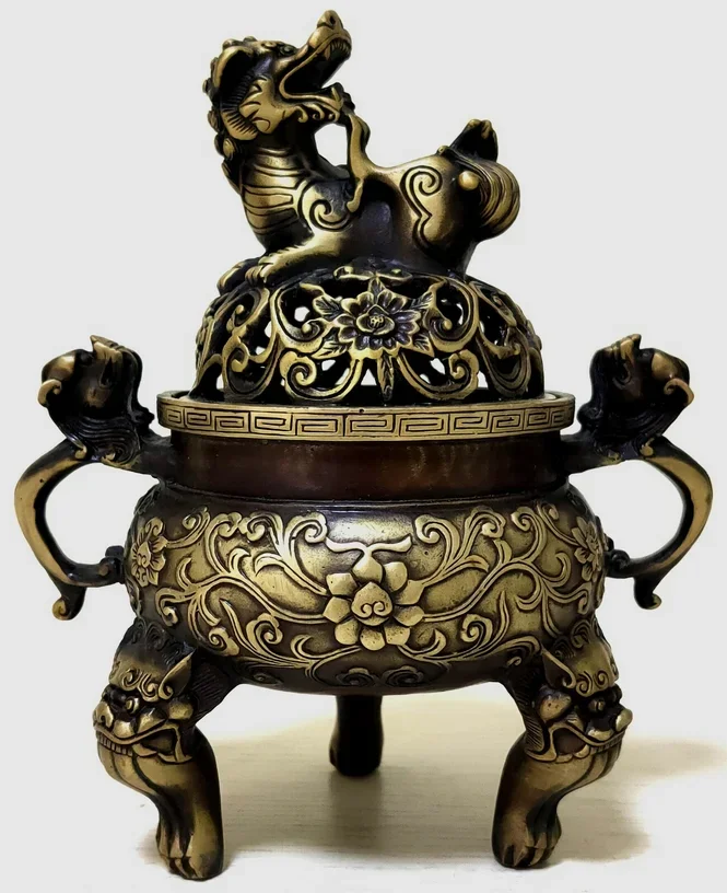 

17cm antique old Bronze Signed lucky dragon lion Statue Incense Burners Censer