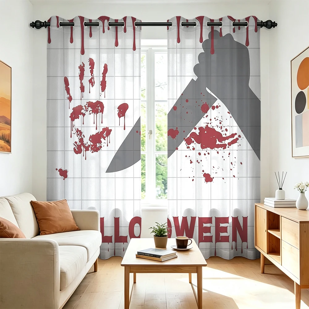 2Pcs Perforated Blackout Curtain Light Block Privacy Drape Living Bedroom Halloween Bloody Palm Knife Horror Window Decor