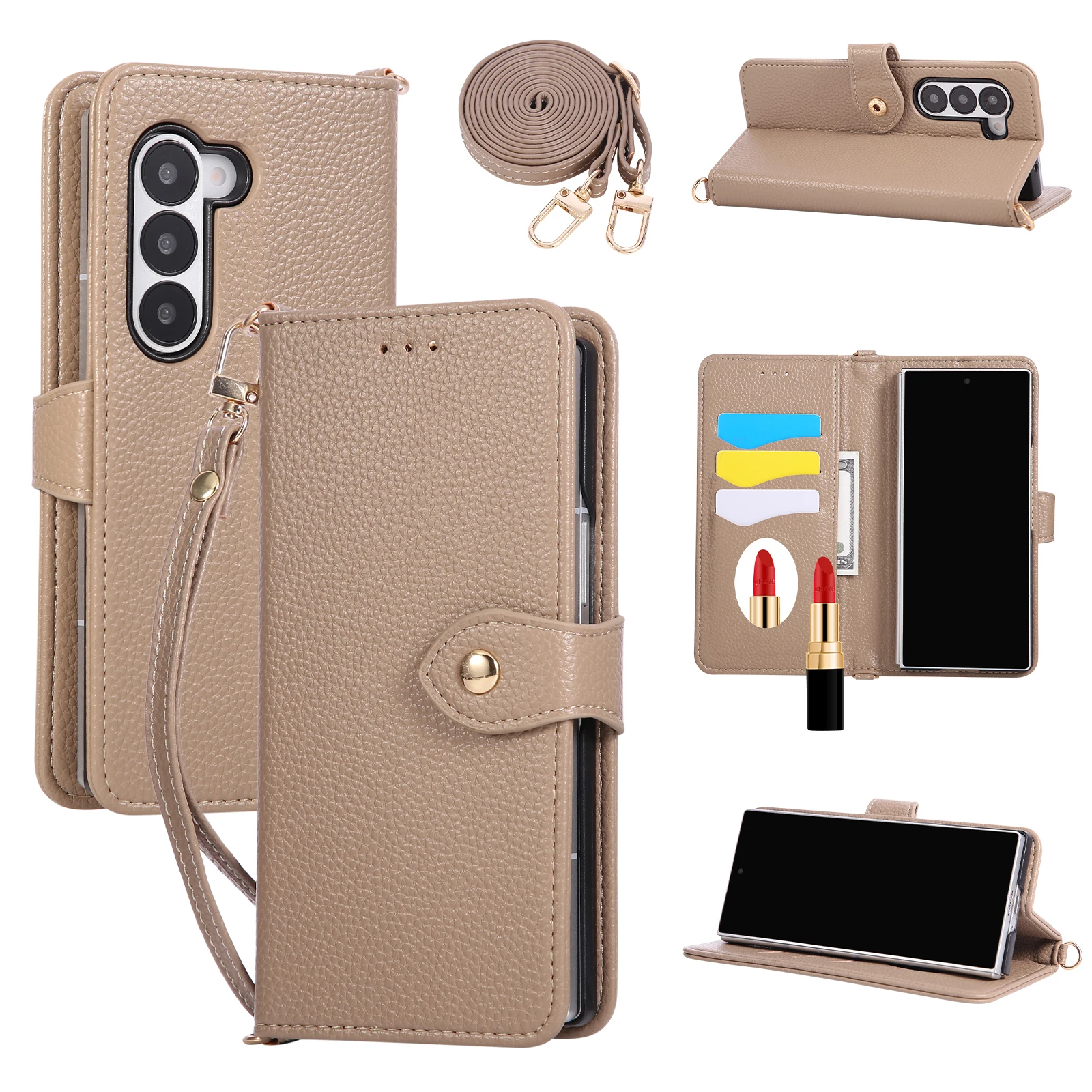 

Кожаный флип-чехол-кошелек через плечо с зеркальным держателем для карт и ремешком для Samsung Galaxy Z Fold 7 6 5 Fold7 Fold6 5G