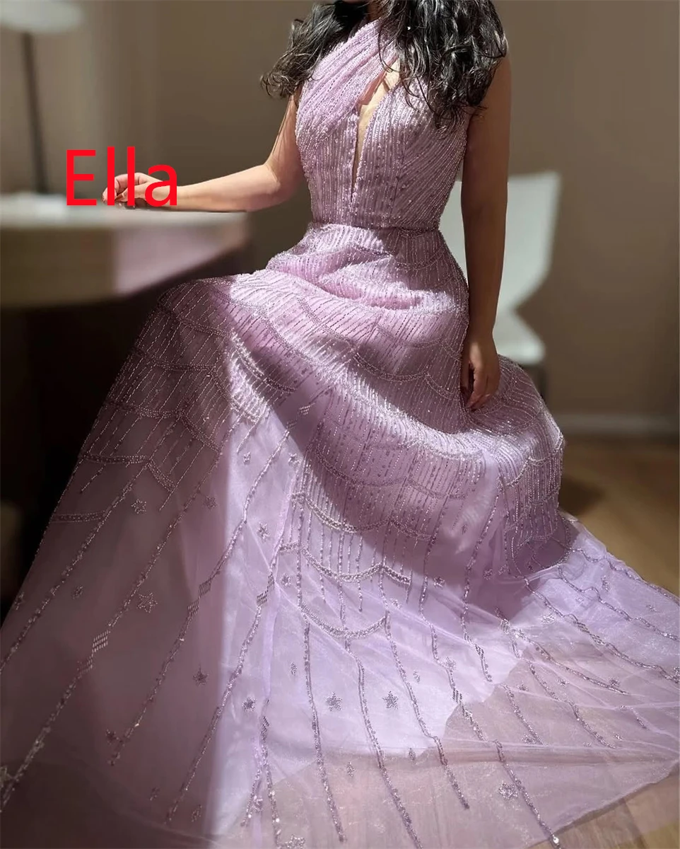 

Customized Formal Light Purple Organza Evening Dress Delicate Halter Sleeveless Zipper Back Beading Special Occasion Gowns