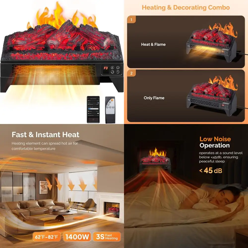 

18-дюймовая электрическая каминная вставка с дистанционным управлением и Wi-Fi, искусственными бревнами, таймером, защитой от перегрева, регулируемым пламенем, камином