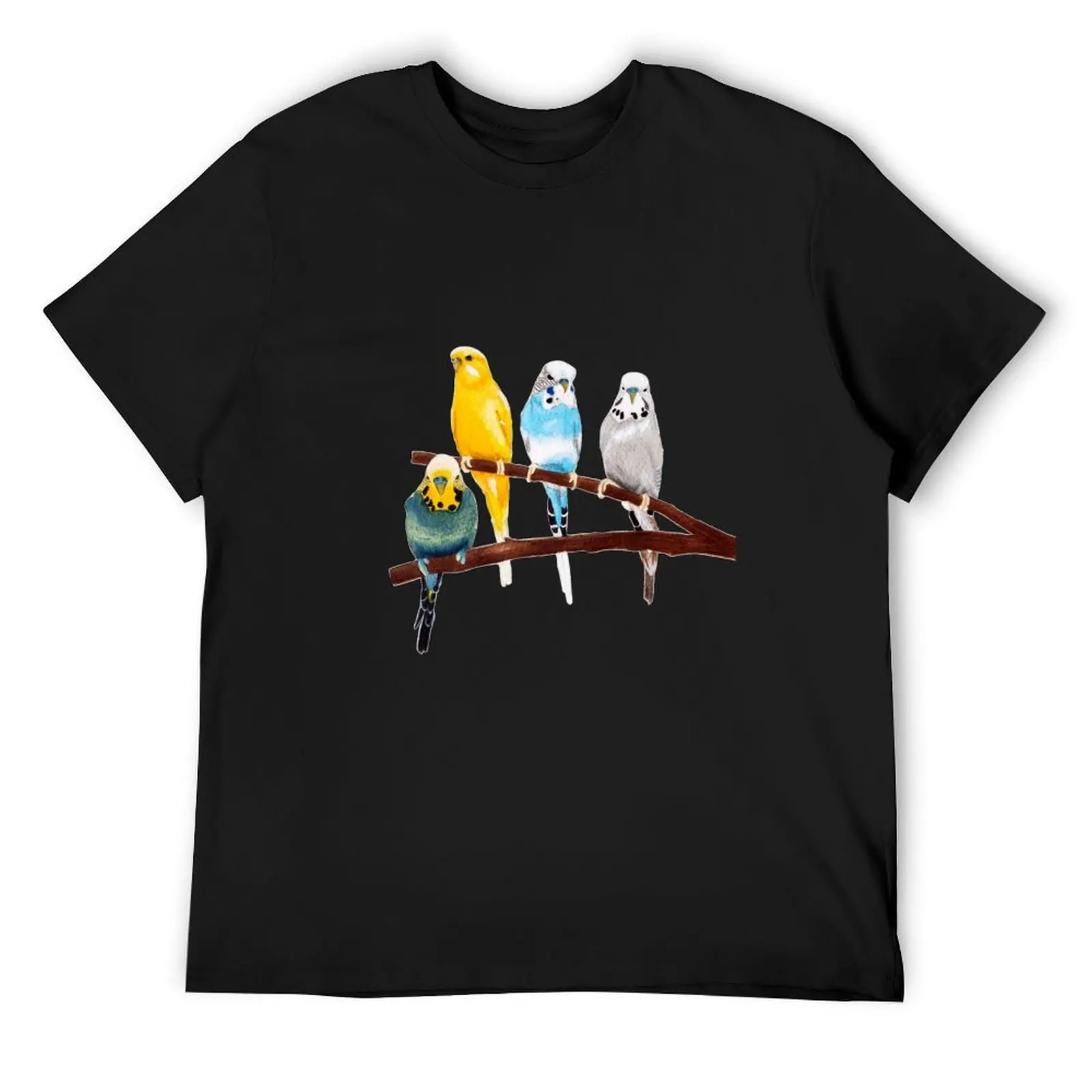 Four Budgies watercolour T-Shirt graphic tee shirt oversized t shirt anime clothes fruit of the loom mens t shirts