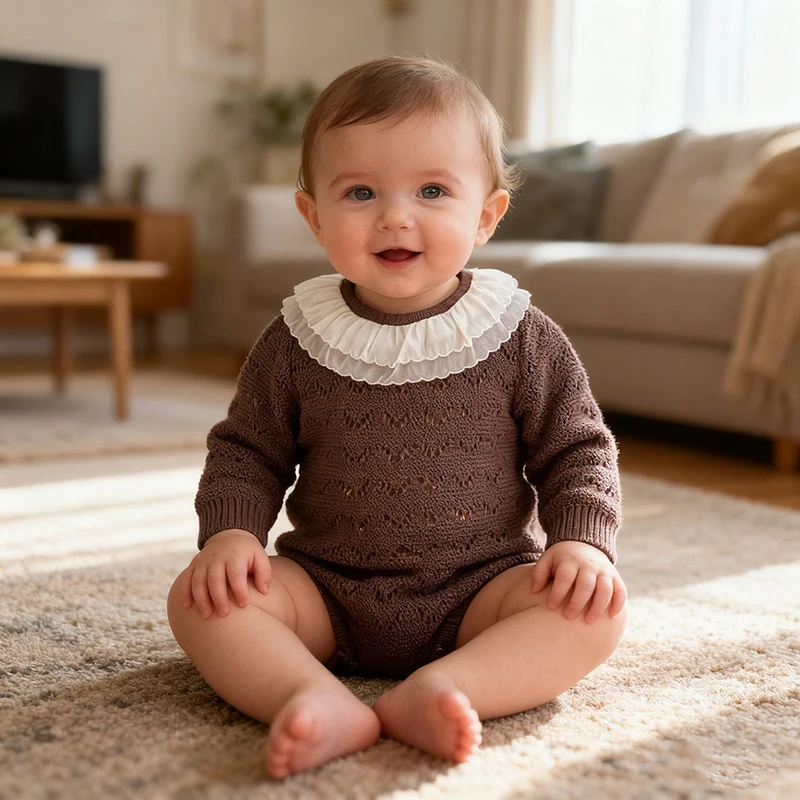 

Осенний детский вязаный пуловер, боди для новорожденных, боди для маленьких девочек, вязаный комбинезон с круглым вырезом и вырезами, осенний свитер