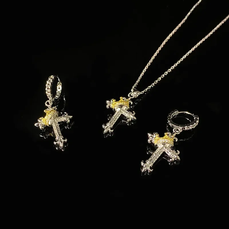 

MDL Moissanite Style Full Diamond Crown Cross Set Men And Women Gold-plated Retro Personalized Fashion Couple Accessories