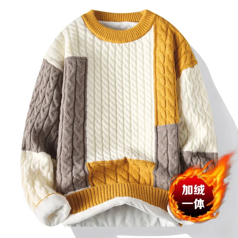 Youth Mans Knitted Sweaters Patchwork Loose Streetwear High Quality Casual Turtleneck Warm Winter Knitting Plullovers in Velvets