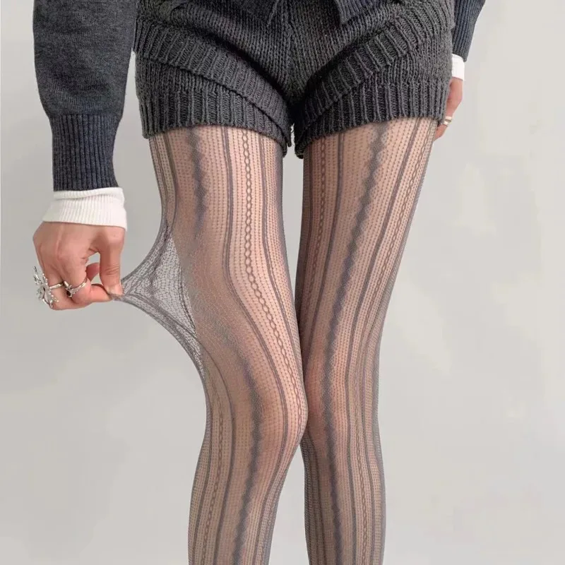 Women Sexy Lace Fishnet Pantyhose Lolita Style Hollow Out Design Red Silk Stockings JK High Waist Striped Tights Christmas Gifts