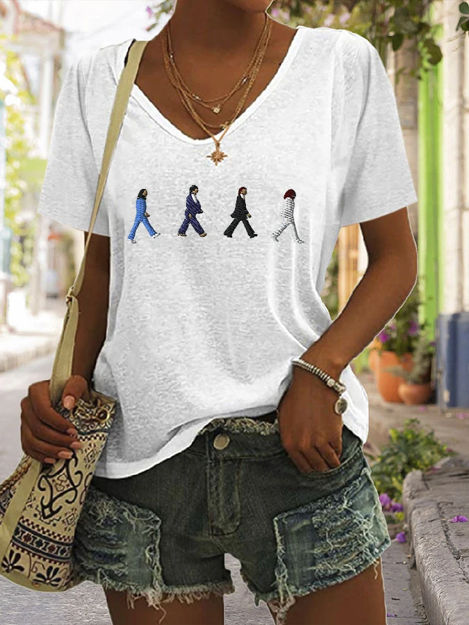 Women's Hippie The Band Print T-Shirt Summer V Neck T Shirt Short Sleeve Casual Tops