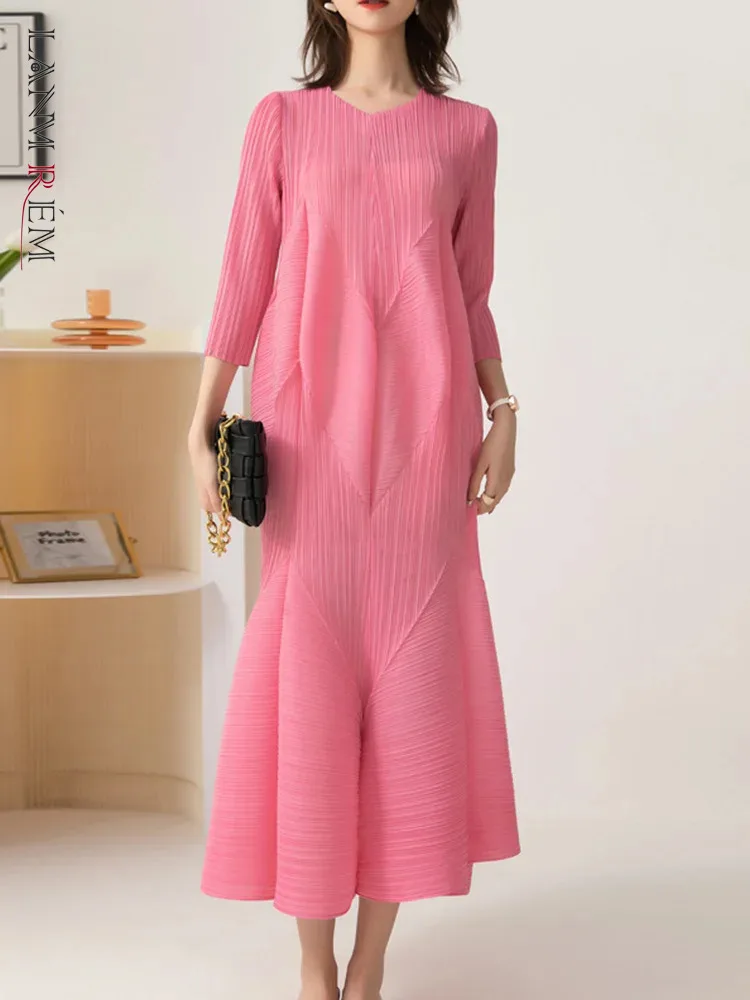 LANMREM Elegant Pleated Dress V Neck Long Sleeve Mid Length Loose Versatile Dresses For Women 2024 New Spring Fashion 2Q1162