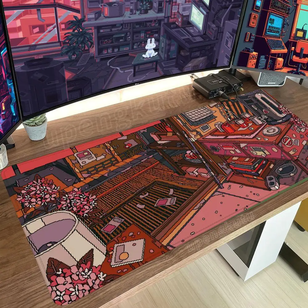 

Большой коврик для мыши с мультяшным домом Pixel Street, игровая клавиатура, коврик для мыши с белым кроликом, геймерская резиновая клавиатура, офисные аксессуары, настольный коврик