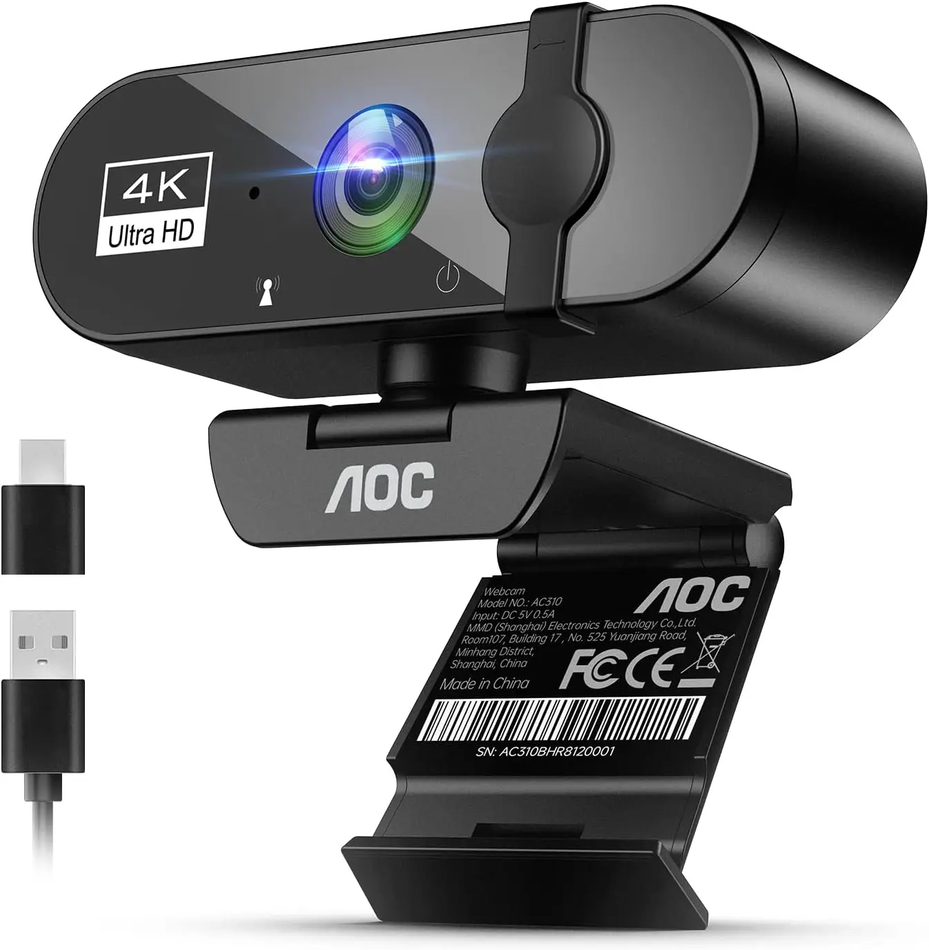 

4K Webcam with Microphone, Noise Cancellation, Privacy Cover, Wide View for Streaming & Conferencing