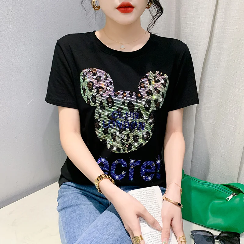 #5314 Streetwear Tshirt Diamonds Cotton Short Sleeve T Shirt Women O-neck Slim Korean Style T-shirt Femme Black White Red Green