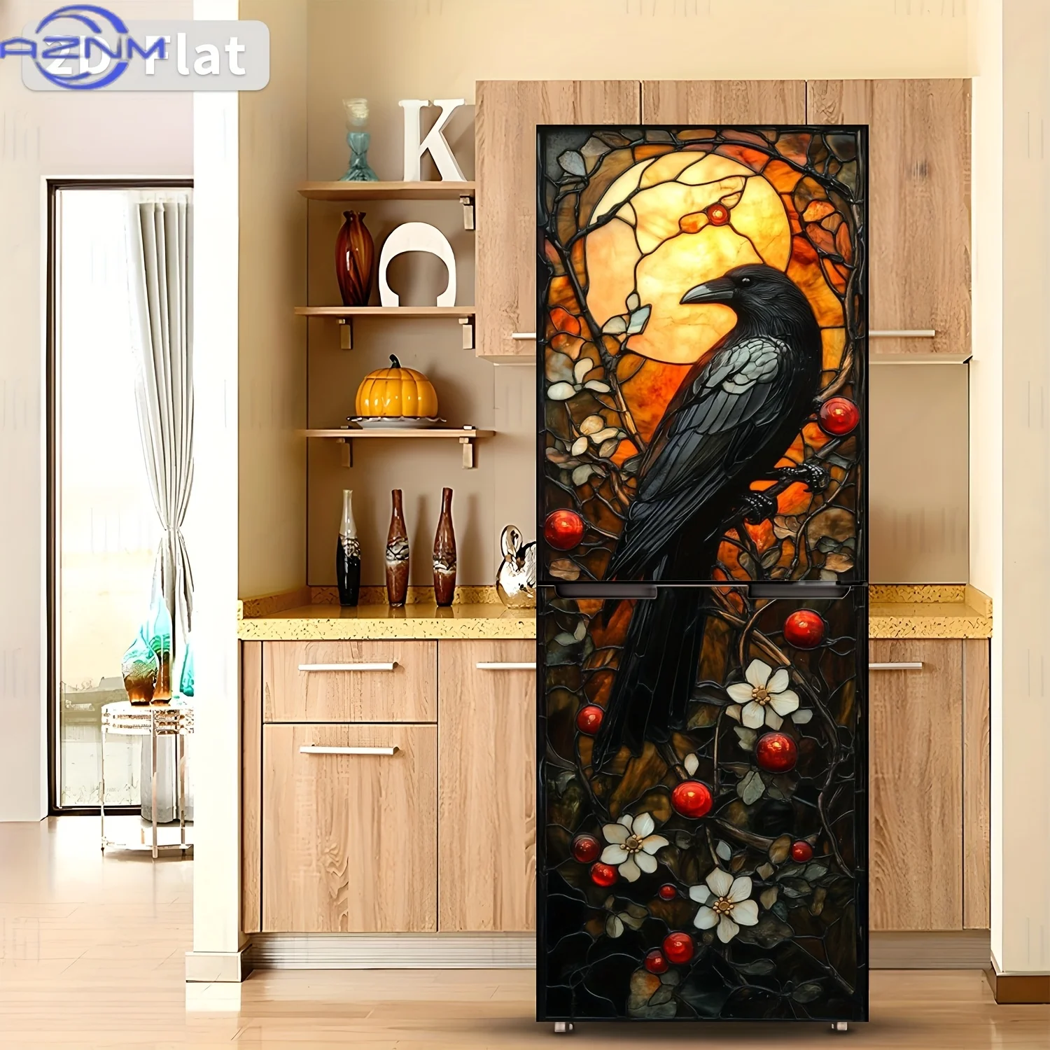 Colorful Refrigerator Stickers Featuring a Raven And Moon, Measuring 30.0×179.83 cm. These Are Self-Adhesive Removable PVC Vin