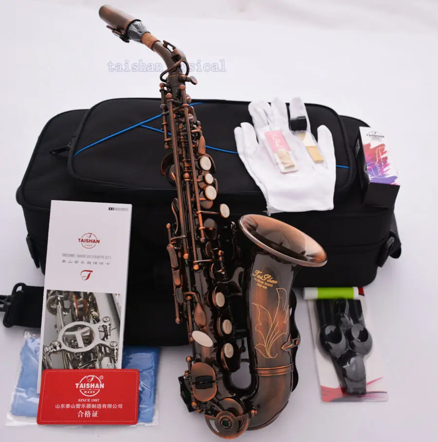 Профессиональный изогнутый саксофон сопрано TaiShan Bb, красный антикварный саксофон с гравировкой, колокольчик Профессиональный изогнутый саксофон сопрано TaiShan Bb, красный антикварный саксофон с гравировкой, колокольчик