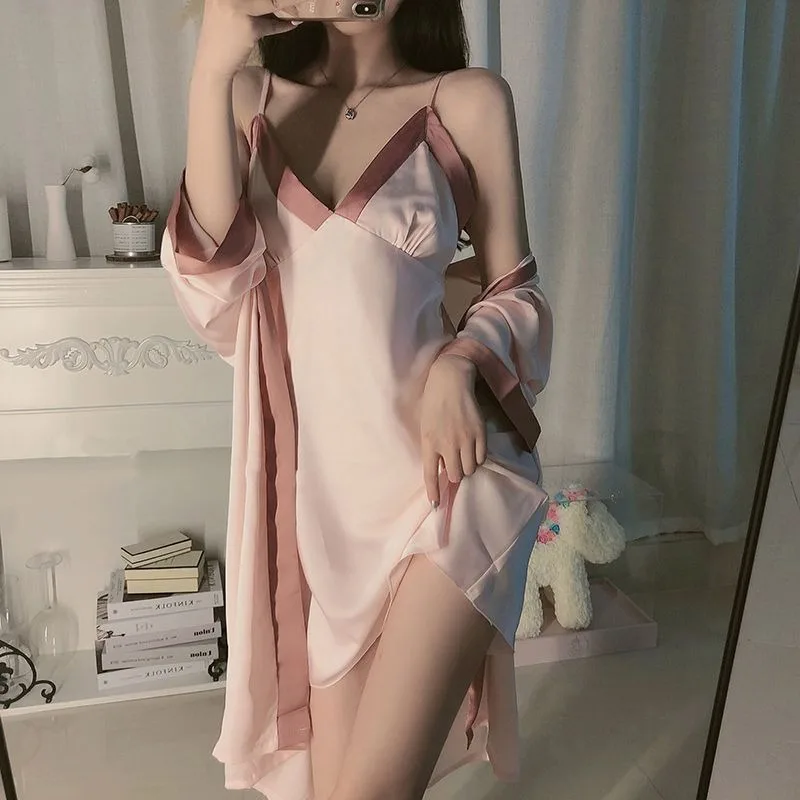 Two Piece Set of Ice Silk Pajamas with Chest Pads Long Sleeved Sweet Loungewear Lace Girl Suspender Home Clothes Thin Night-robe