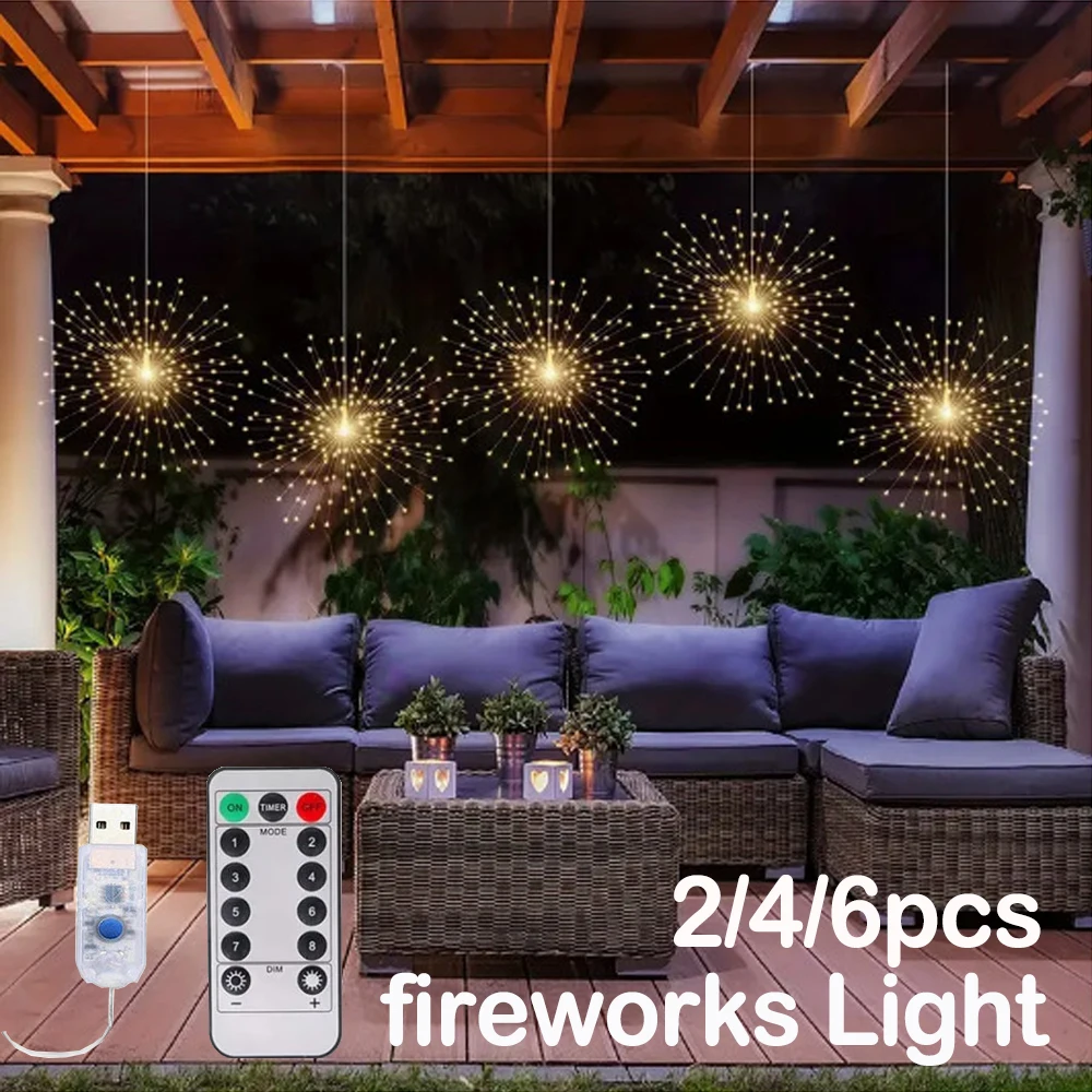Luz de fuegos artificiales DIY, luces colgantes USB para árbol, luces de hadas, lámpara Starburst para jardín, guirnalda navideña, Festival