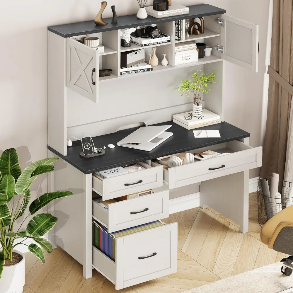 مكتب تنفيذي مزود بخزانة، و4 أدراج، وإضاءة LED، وخزانة تخزين، وأدراج الملفات، ومحطة شحن