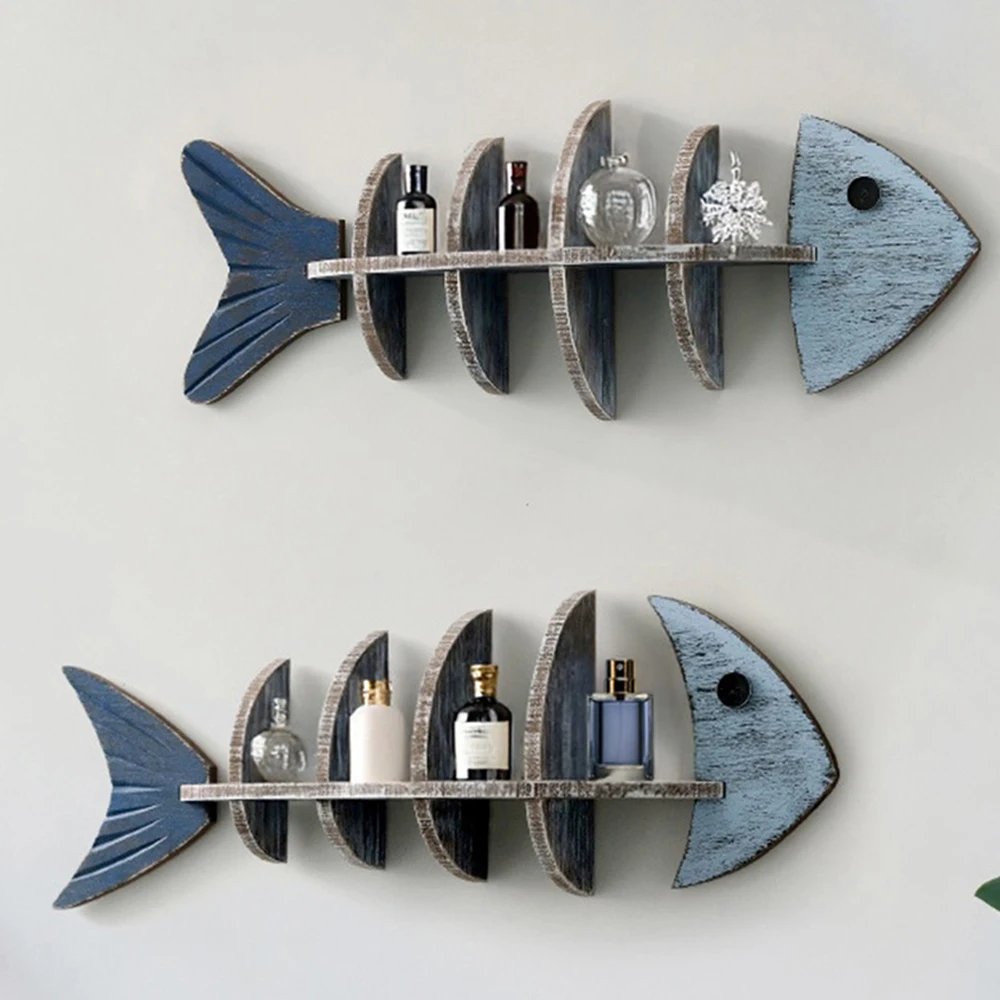 

Mediterranean Style Wooden Fish Skeleton Wall Shelf Decorative Hanging Storage for Home or Coastal-Themed Rooms, Nordic Design