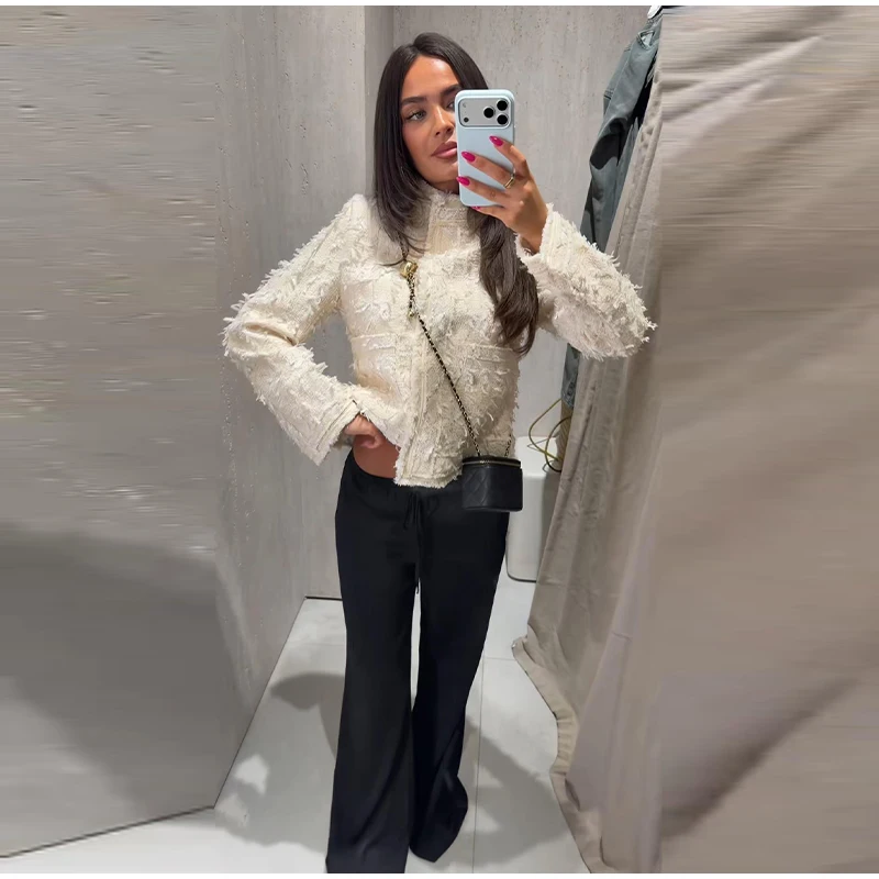 Damenmäntel mit Quasten, Rollkragen, Langarm, Einreihig, Tailliert, Frühlings- und Herbstjacken, Neuer Tweed-Mantel für Damen – Detail 5