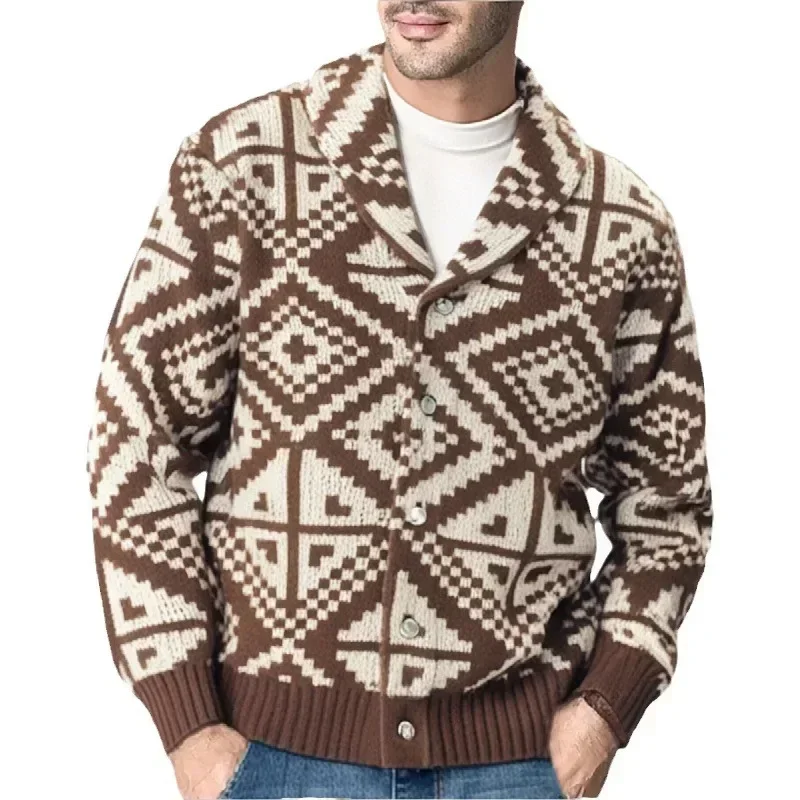 Nuovo Autunno Retro Maglione Lavorato A Maglia Cappotti per Gli Uomini Geometria Jacquard Button-down Risvolto Cardigan Maschile Casual Fit Maglieria Jakets