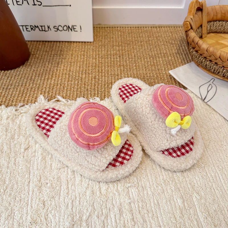 3D Lollipop & Heart Plush Decor Fuzzy Slippers Girls, Cute Lamb Fleece Open Toe House Slides Warm Non Slip Indoor , Kawaii Gift