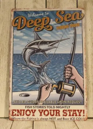 Deep Sea Fishing Tin Sign Rustic Vintage Style Man Cave Marina Dock Bait Shop