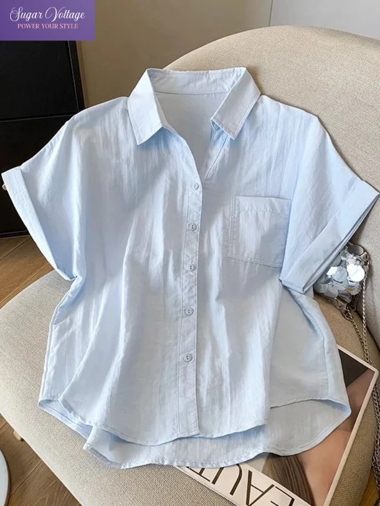 

Elegant Blue Polo Collar Shirt Women 2025 Summer Loose Fit Short Sleeve Cotton Blouse Casual Office Lady Daily Comfy Outfit