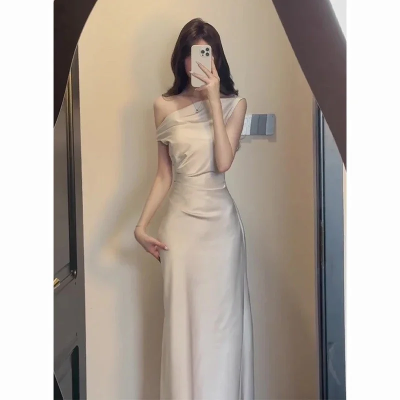 French Temperament High-end Feeling Swinging Collar Sloping Shoulder Dress Waist Bag Buttocks Vinegar Satin Summer Long Skirt