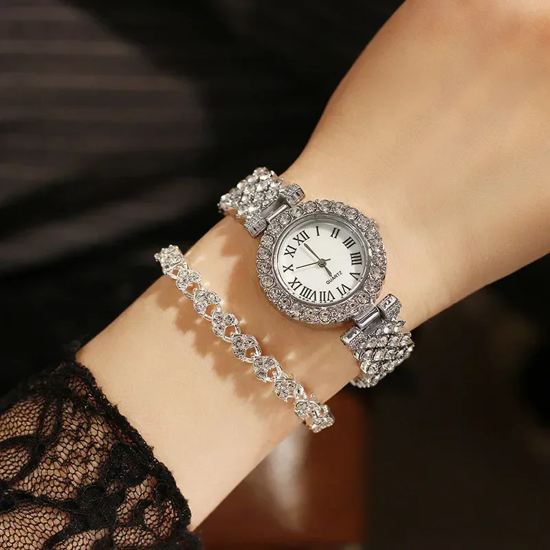 

2pcs Luxury Women Rhinestone Rose Gold Watch Fashion Ladies Quartz Diamond Wristwatch Elegant Female Bracelet Watches Set Gift