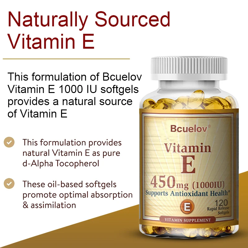 Bcuelov vitamina E 1000 IU 450mg-per pelle, capelli, salute circolatoria, supporto del sistema immunitario-integratore antiossidante