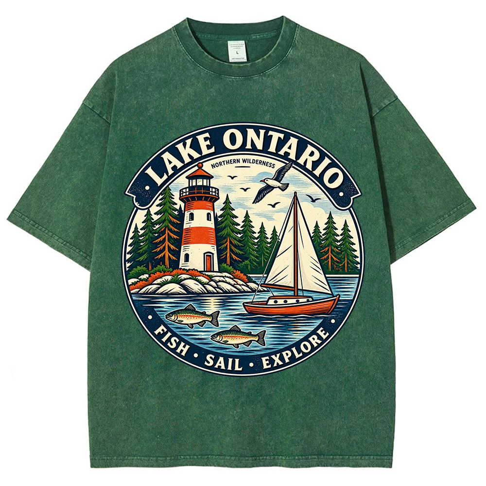 Mens Lake Ontario Fishing Graphic T Shirt Vintage Lighthouse Sailboat Fish Print Casual Short Sleeve Summer Tee Outdoor Top ﻿