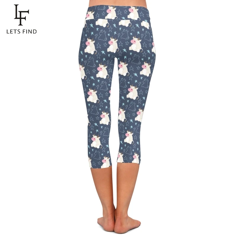 Letsfind Zomer Nieuwe Leuke Cartoon Koe Print Vrouwen Elastische Capri Leggings Hoge Taille Fitness Slanke Mid-Kalf Leggings