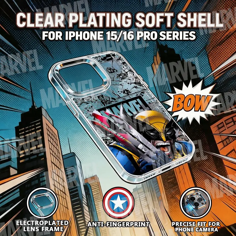 Funda para Teléfono Wolverine MARVEL para iPhone 17 Air 16 15 14 13 12 11 Pro Max Plus, Botón Cromado, Anillo para Cámara, Transparente