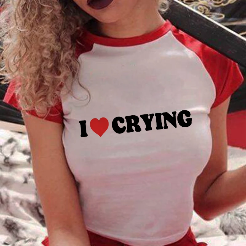 Y2K Style I LOVE CRYING Letter Gothic Crop Top Y2k Vestiti Vintage Sexy T-shirt Crop Top Grunge Donna T-shirt Leeve