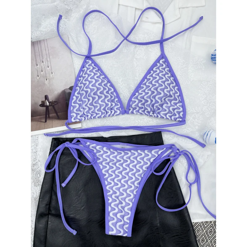 New Triangle Bag Tie Sexy Wave Print Halter Bikini SwimsuitLG42