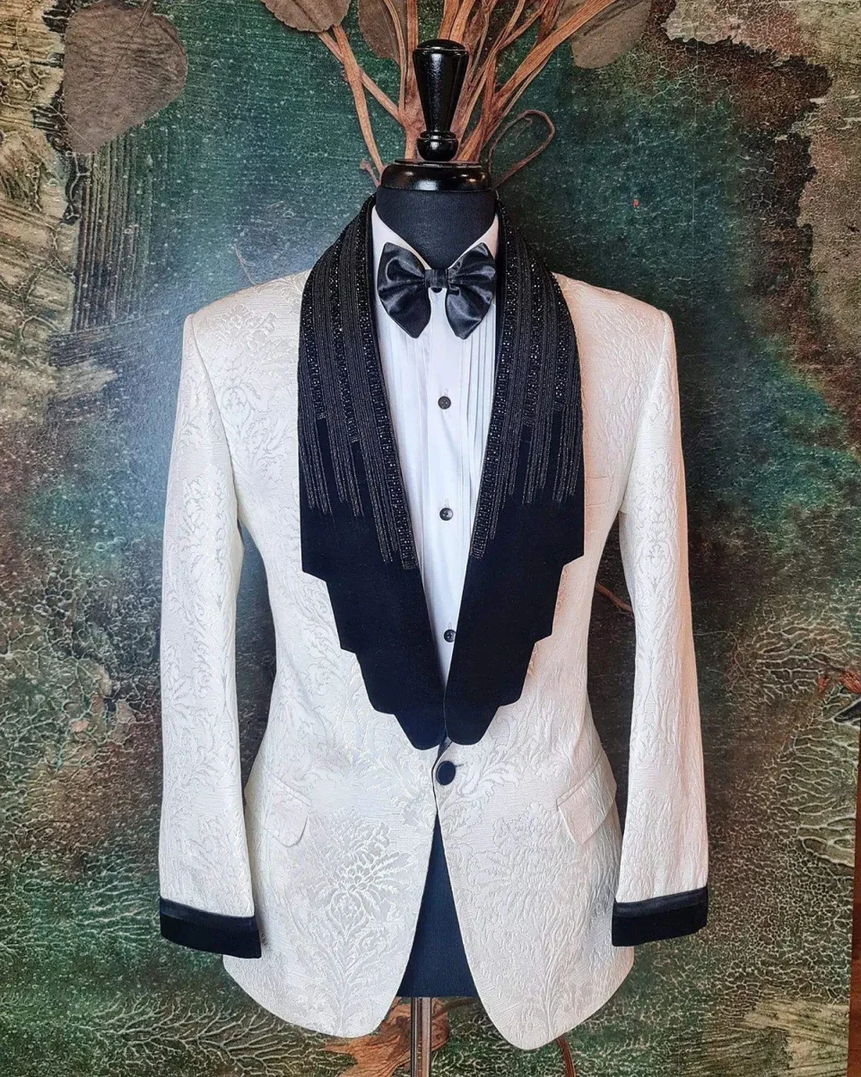 Fashion Jacquard Men's Suits 2-Piece Beads Evening Party Blazer Single Breasted Wedding Tuxedos Groom Slim Fit Custom Made