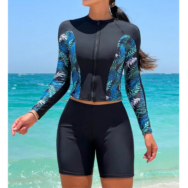 

Women Swimwear 's Tankini Set Female Long Sleeves Surfing Sports Pool Beachwear Two-Piece Bathing Suits With Shorts Swimsuit